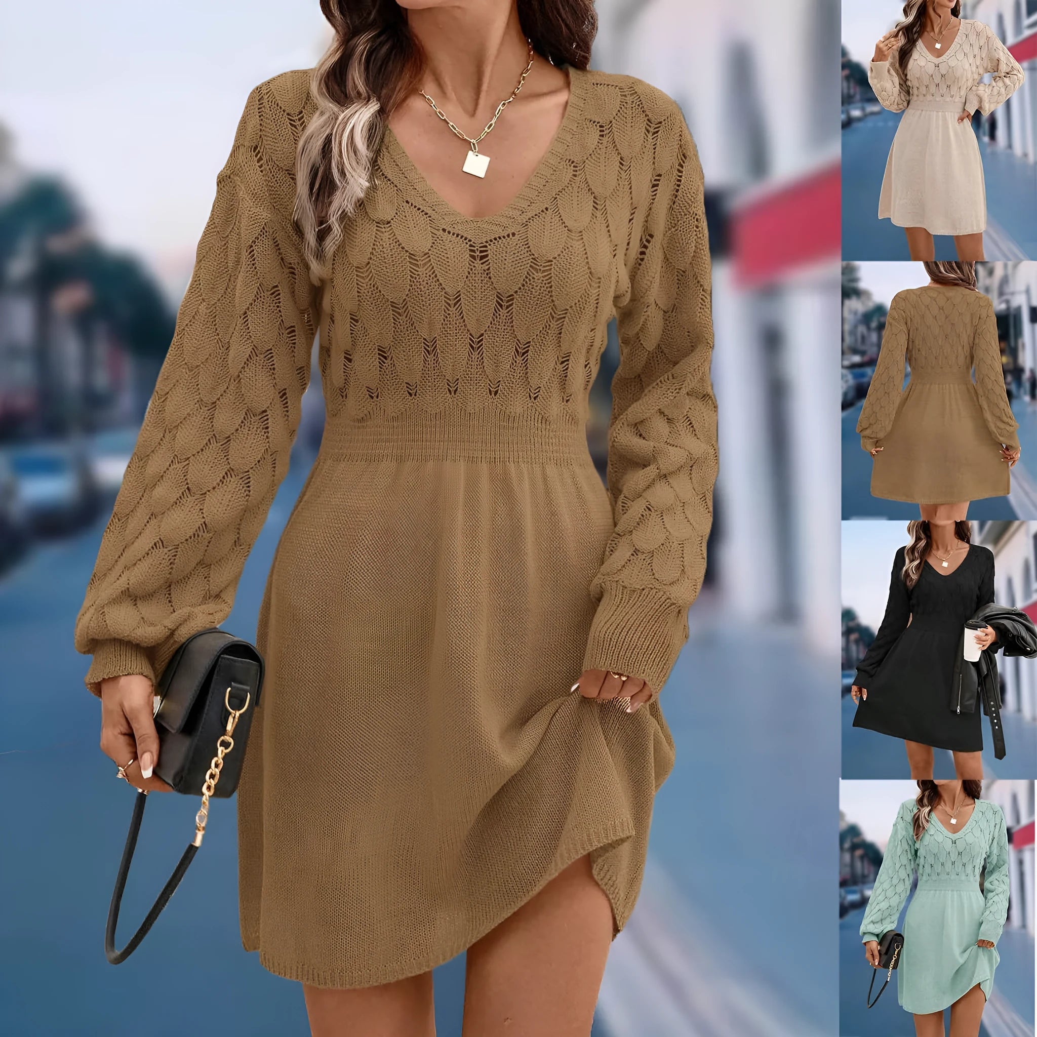 V-neck artistic retro dress in acrylic fabric with high waist and long sleeves.