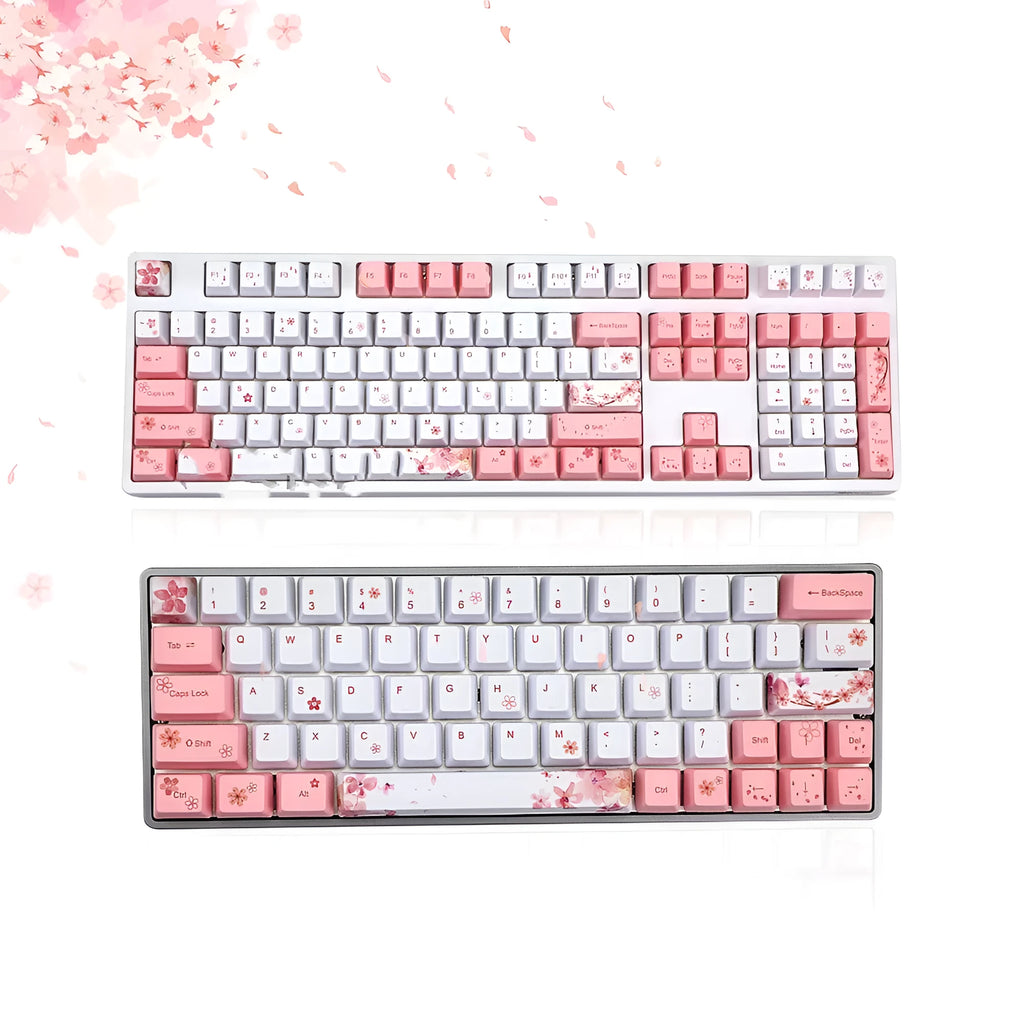 Sakura keycap set with pink cherry blossom pattern on OEM height five-sided sublimation keycaps for mechanical keyboard