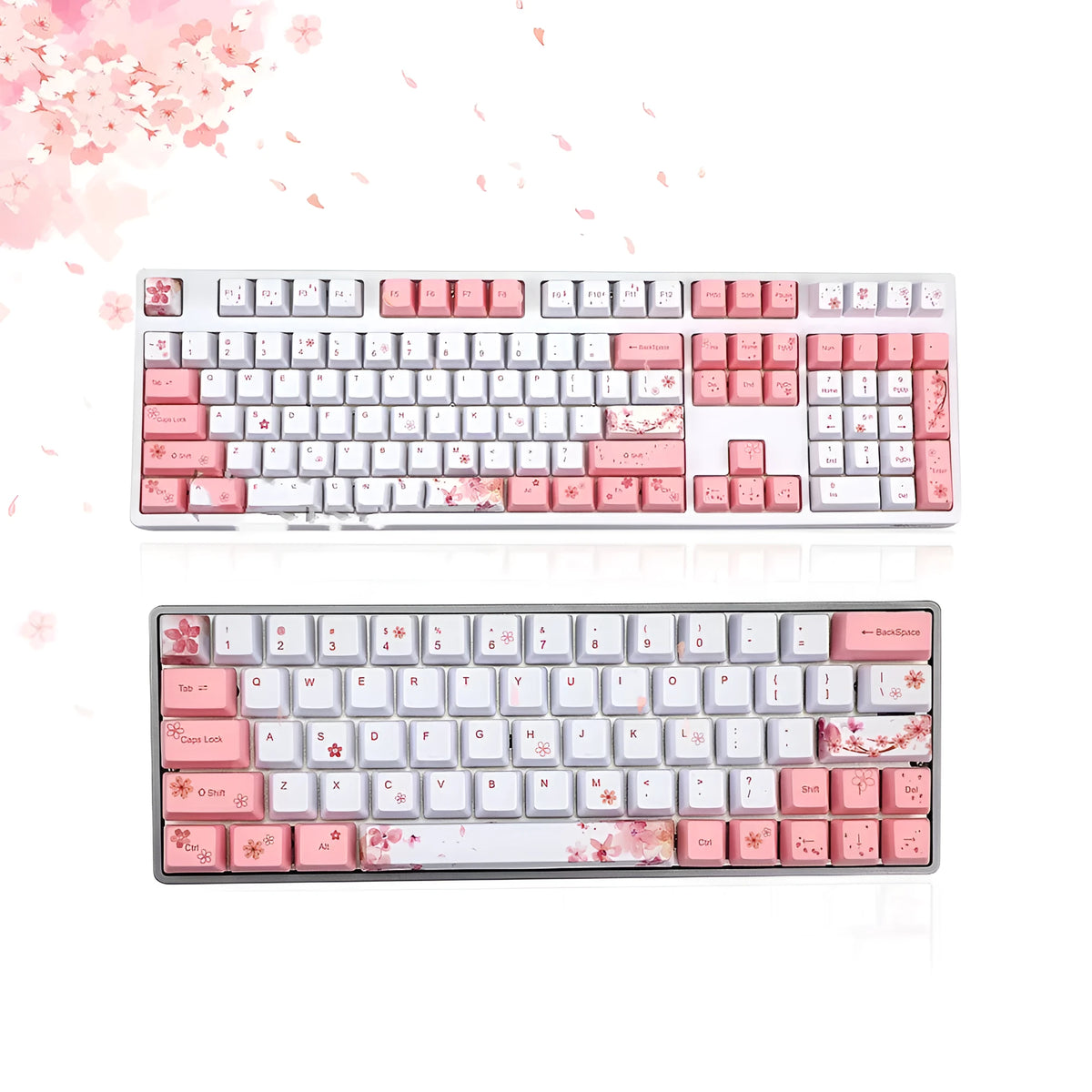 Sakura keycap set with pink cherry blossom pattern on OEM height five-sided sublimation keycaps for mechanical keyboard