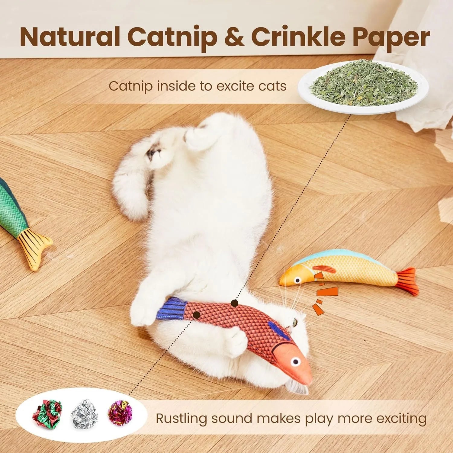 Soft plush saury fish cat kicker toy with organic catnip filling, shown in green colour.