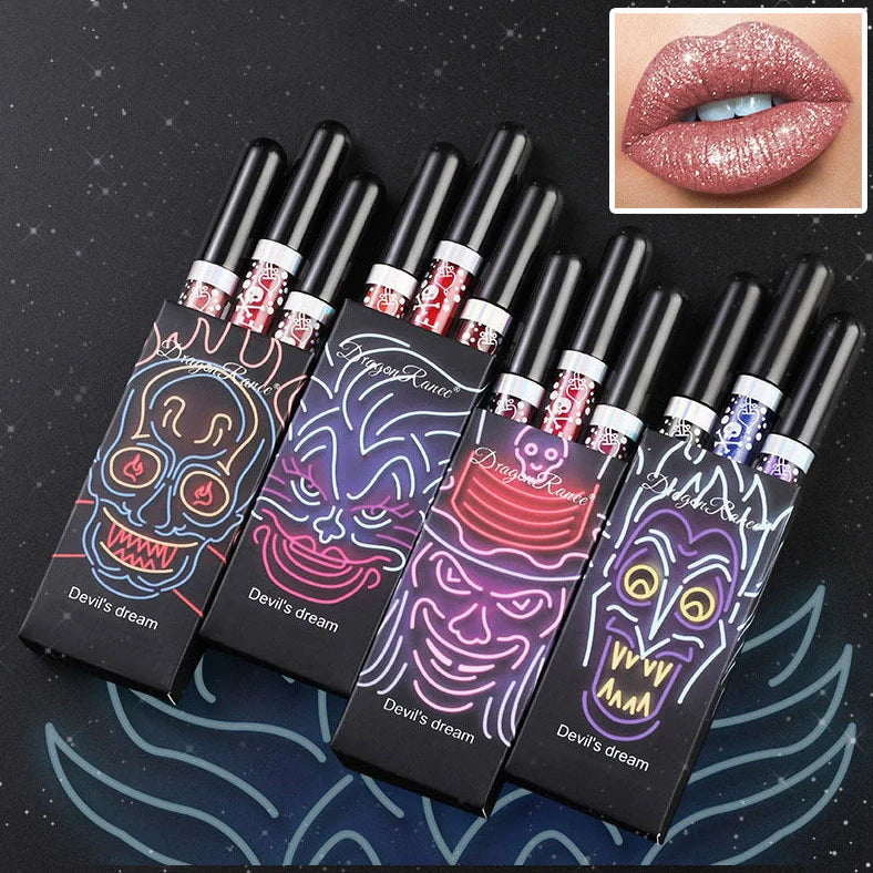 Three sets of Halloween diamond lip gloss tubes in colours A, B, C, D with 2ml each and 44mm by 16.5mm by 101mm size
