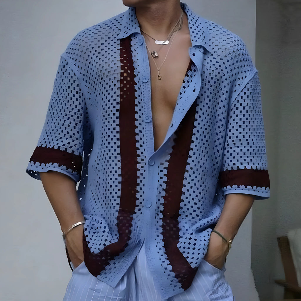 Men's blue hollow knit viscose cardigan with short sleeves and open front, shown on model