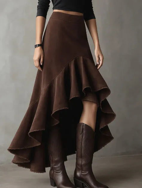 Brown women's maxi skirt with asymmetric high-low hem and western ruffle detailing