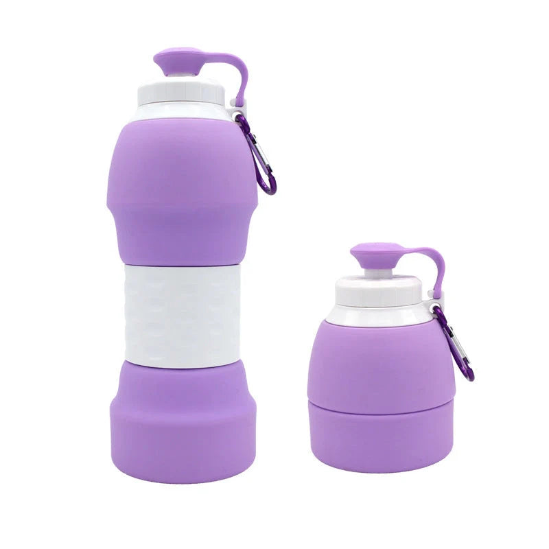 Collapsible silicone water bottle in various colours, showing folded and unfolded states