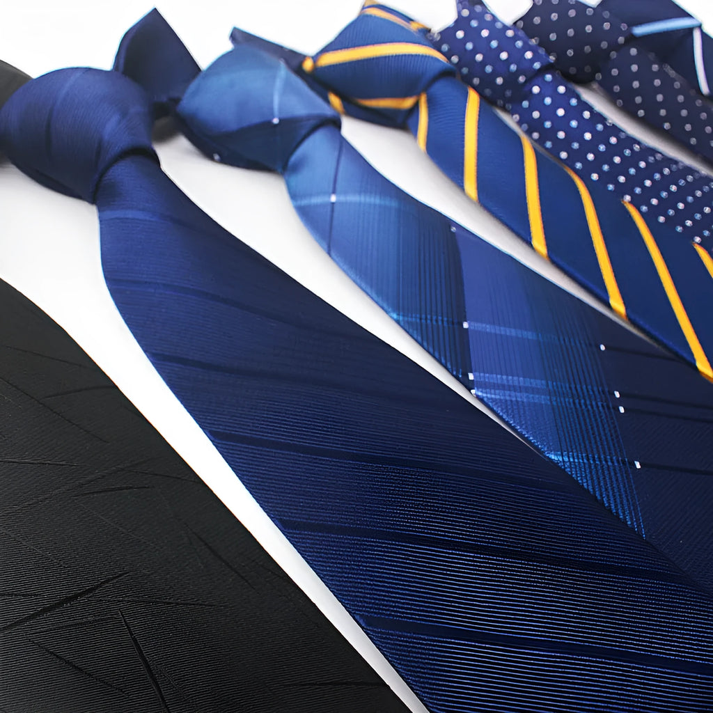Polyester jacquard striped business tie with arrow point, shown in red, black, and blue colour options