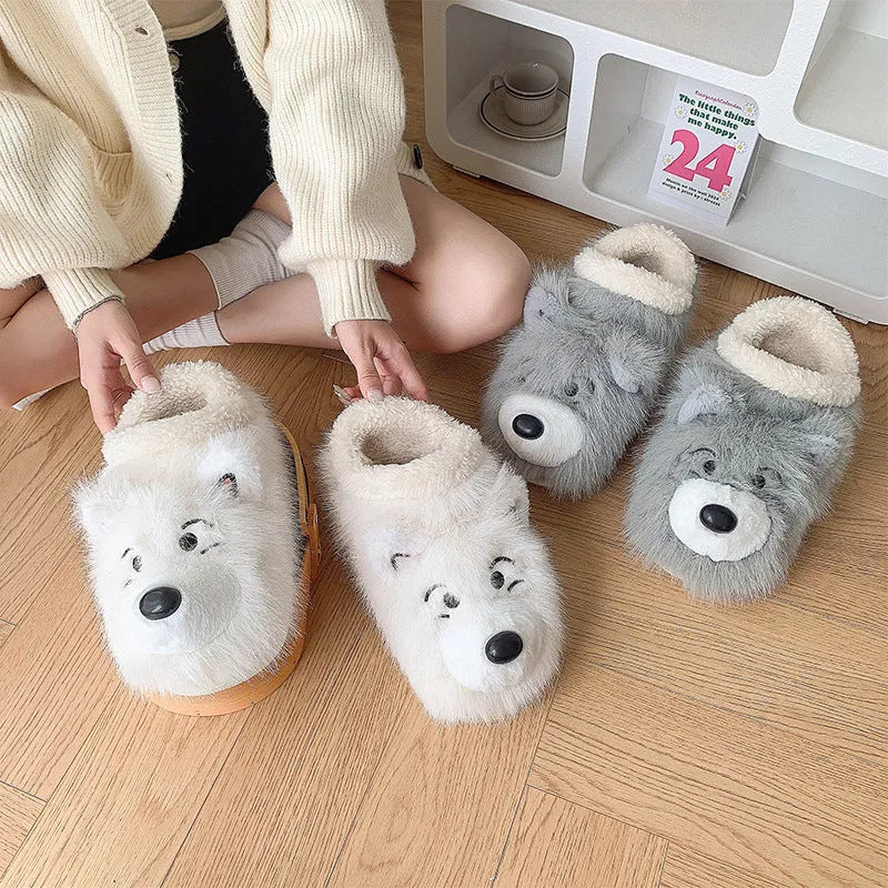 Grey ankle wrap cotton slippers with artificial wool lining showing plush upper and non-slip sole