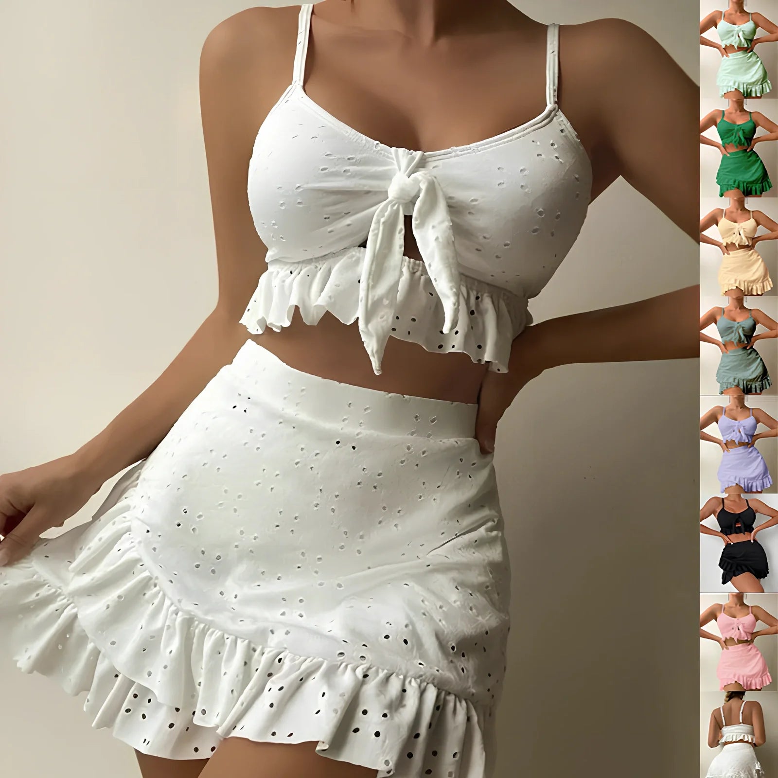 Women's 3-piece bikini set with hip-hugging skirt and ruffle detailing in polyester swimwear