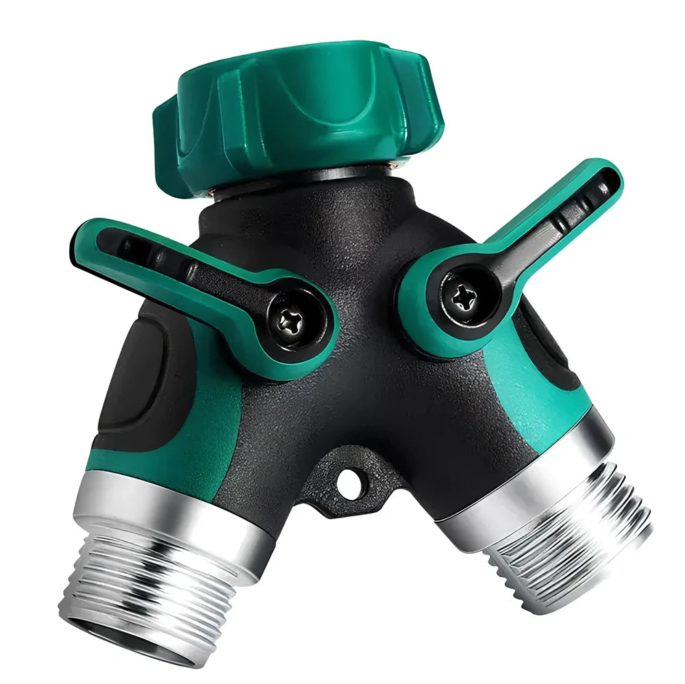 Green Y-type double-pass splitter, 94x91x55mm plastic body with zinc alloy outlets and seals for garden hose connections