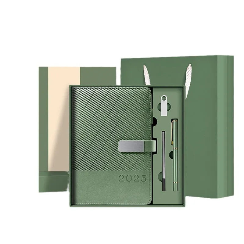 A4 business notepad with striped PU leather cover showing eight colour options including Bean Green, Black, and Sapphire Blue