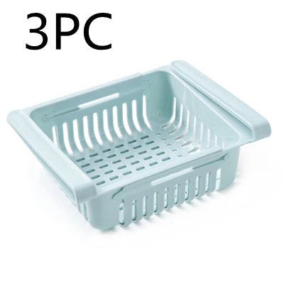 Stretchable refrigerator storage basket in white, blue, pink, and apricot colours
