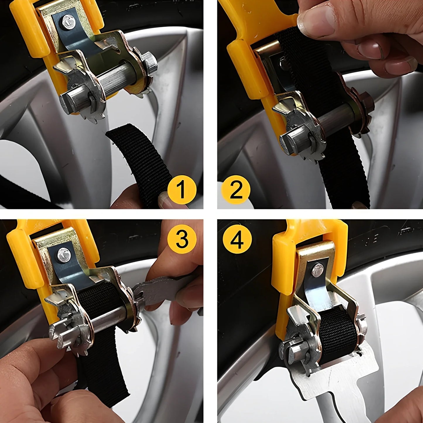 Yellow 3-piece snow tire chains with stainless steel nails for 165-265mm tyres on icy road