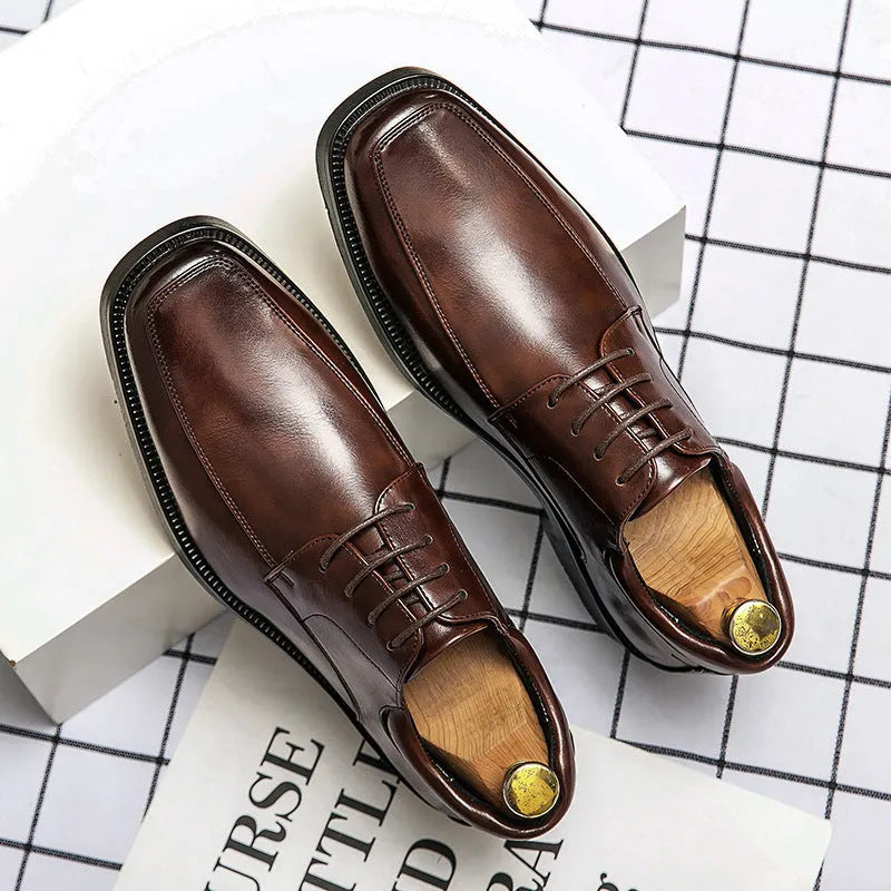 Men's black square toe business casual shoes with low-top artificial PU upper and rubber sole