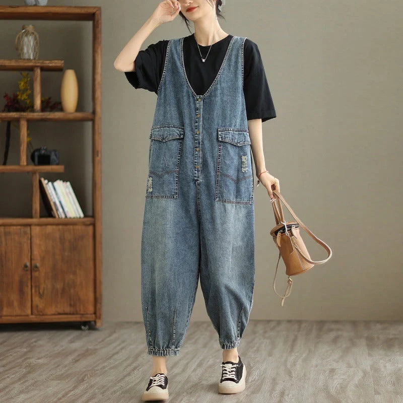 Women's denim tank top jumpsuit with Hong Kong breeze style and relaxed fit