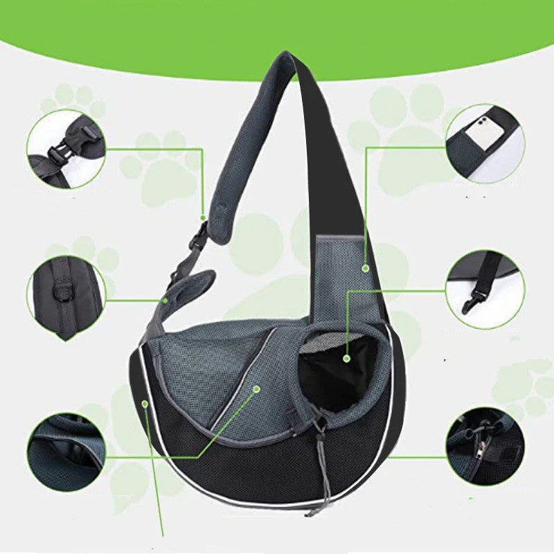 Stylish pet carrier bag with adjustable drawstring closure, breathable design, and zippered bottom for secure pet transport