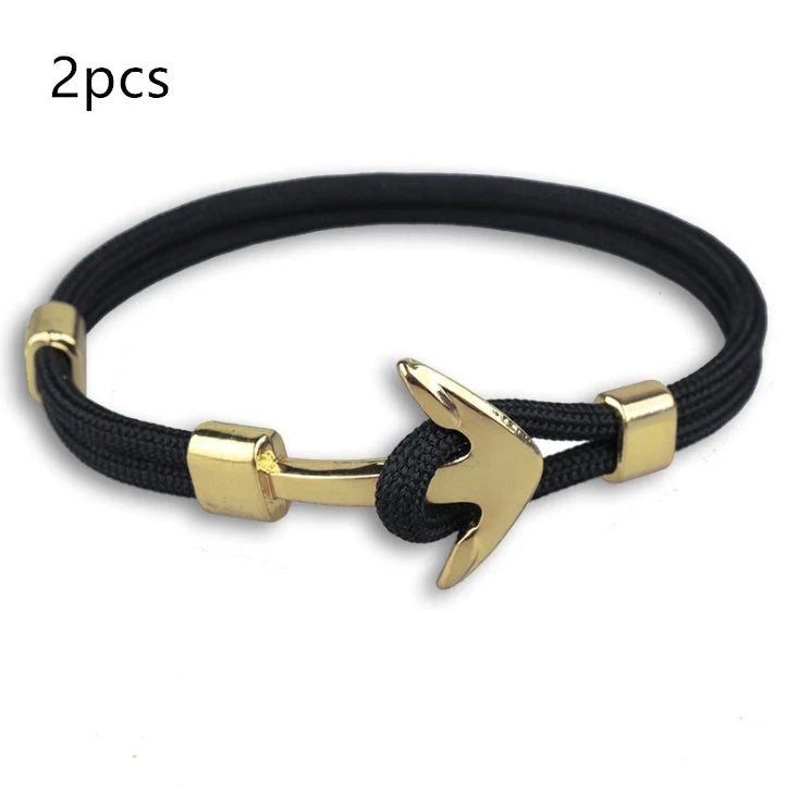 Nautical anchor bracelet with brass details and cotton rope, 21cm length
