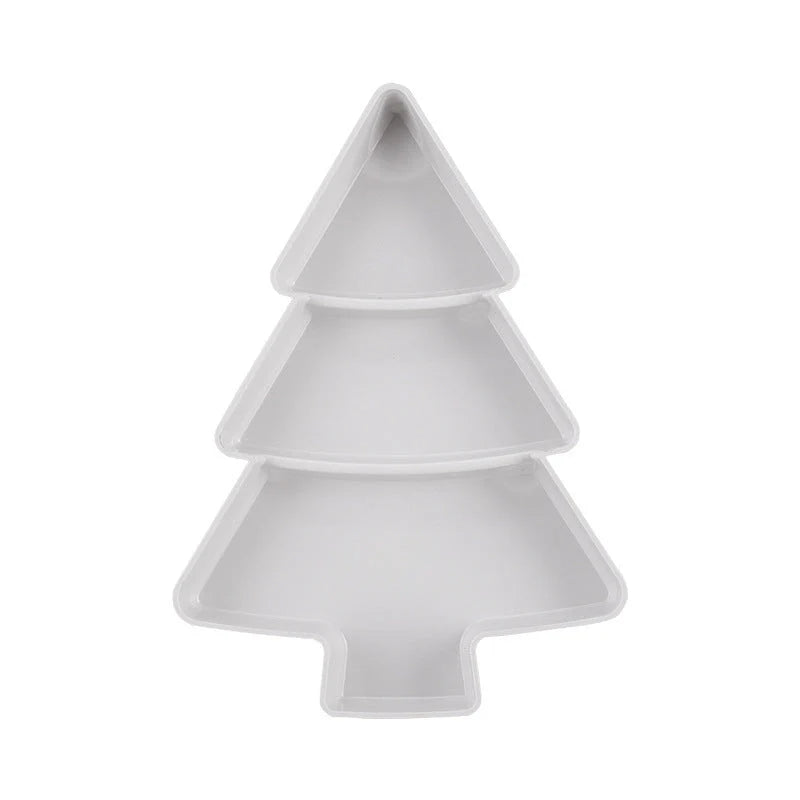 Christmas tree shaped divided fruit platter in pink, grey, blue, and white