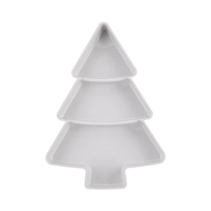 Christmas tree shaped divided fruit platter in pink, grey, blue, and white