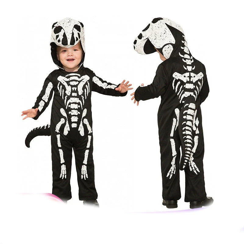 A skeletal Halloween costume for children, made with sustainable materials and featuring a realistic design.