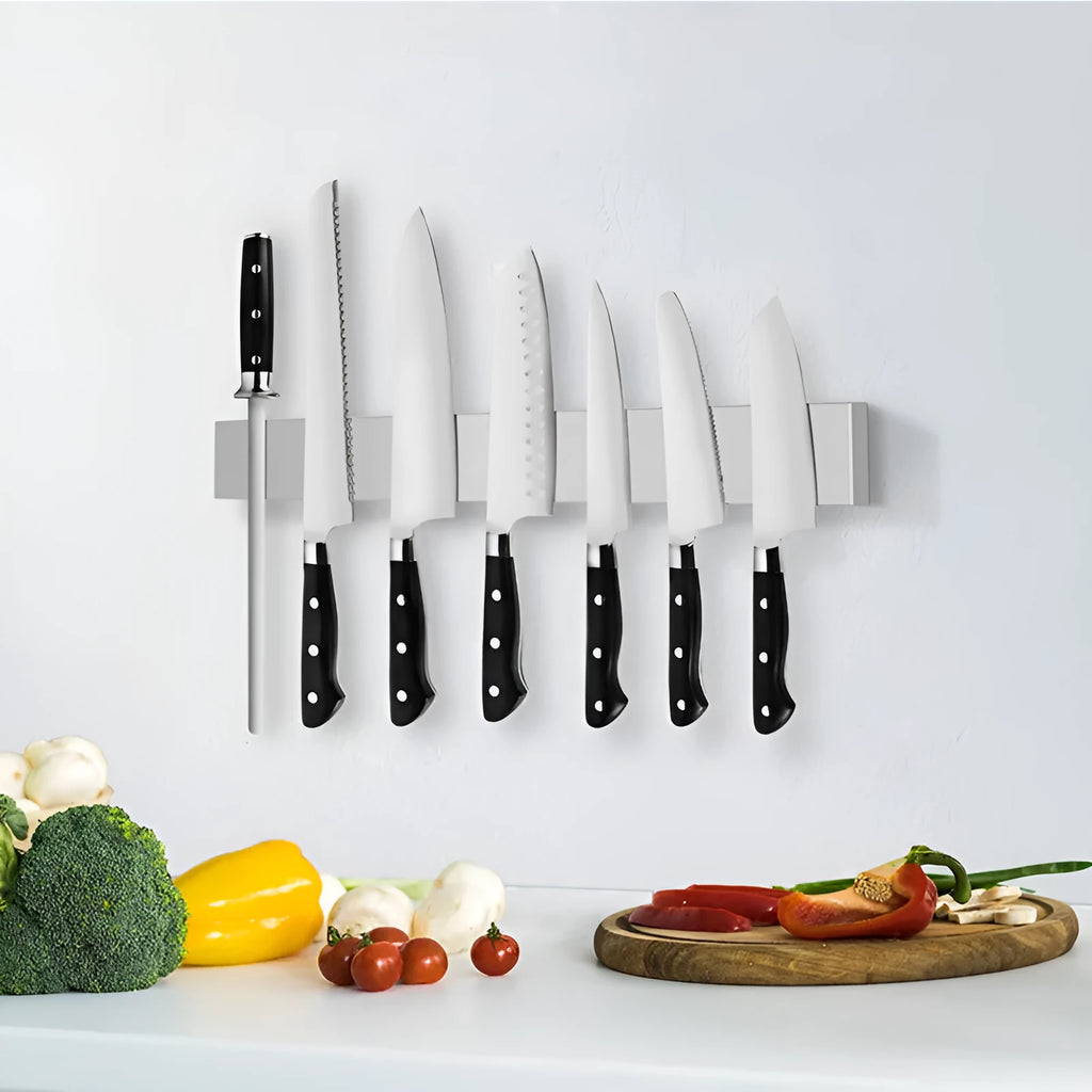 Stainless steel wall-mounted magnetic knife storage rack in various sizes.
