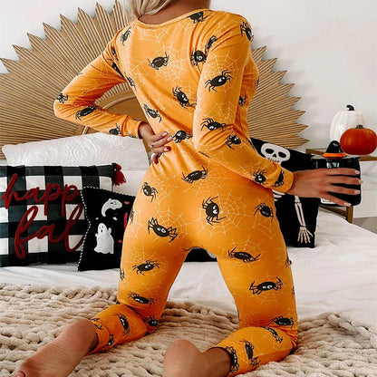 Stylish Halloween-themed pajama jumpsuit with long sleeves and a variety of vibrant prints