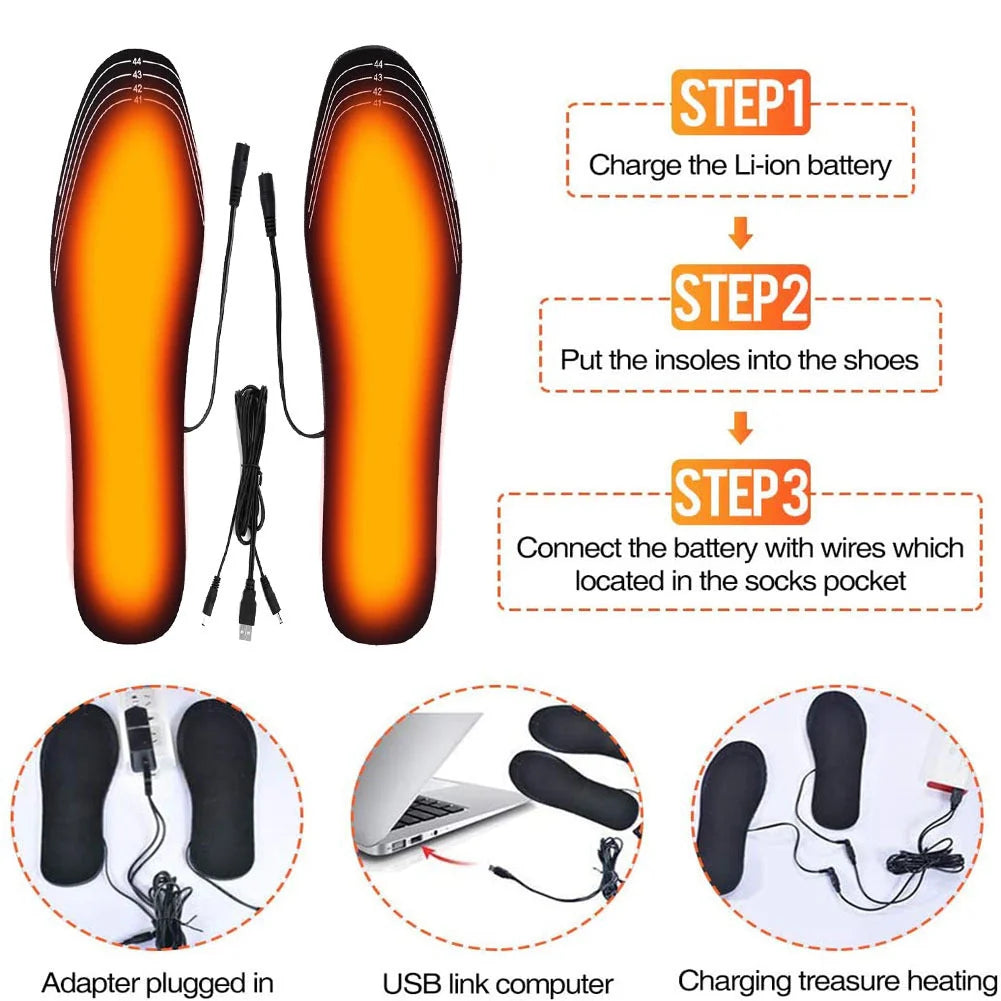 USB heated insoles for winter warmth in boots and sneakers, adjustable heat settings