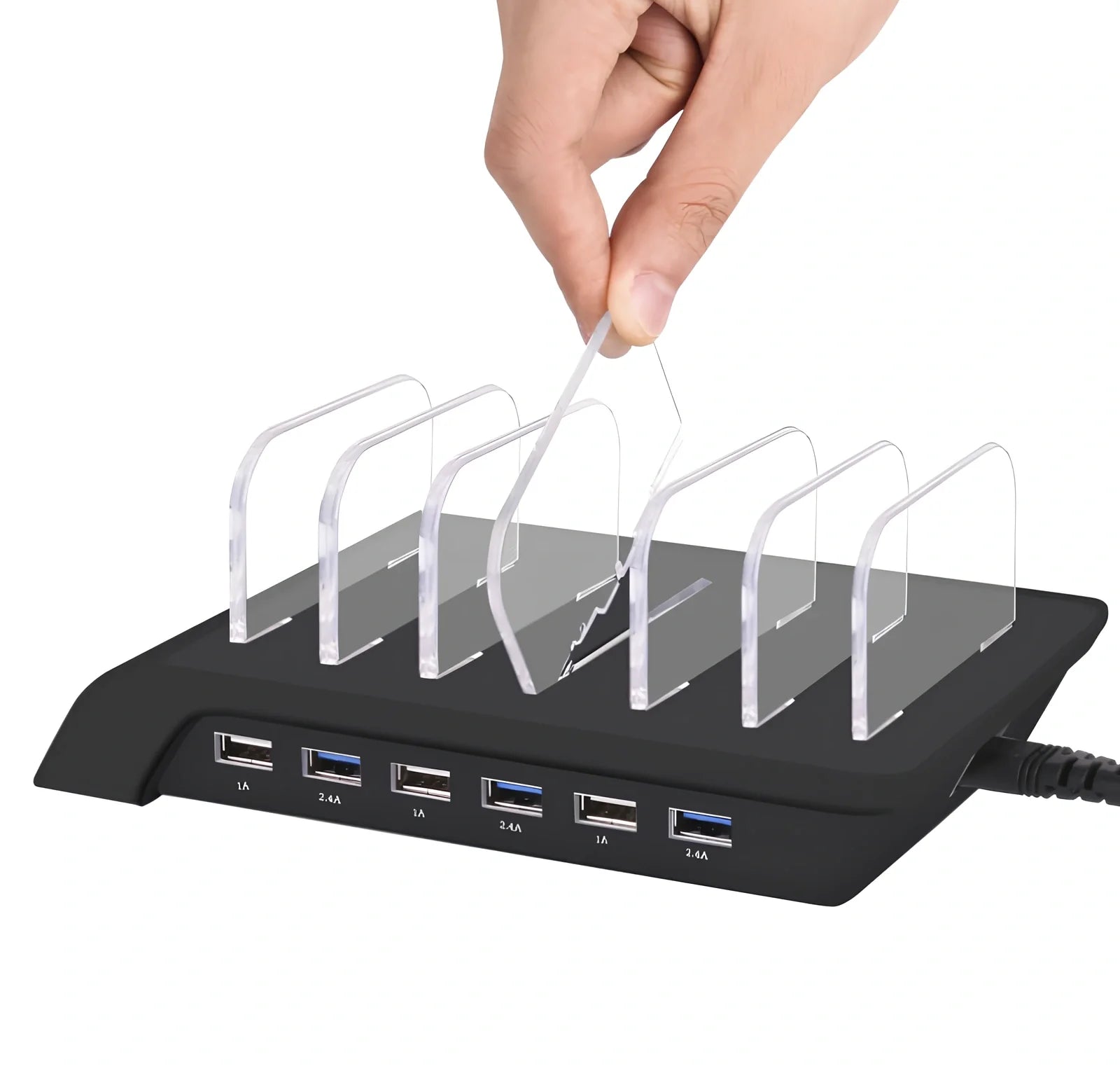 Six-port USB mobile phone charging stand with black finish showing six device slots and 150cm power cord
