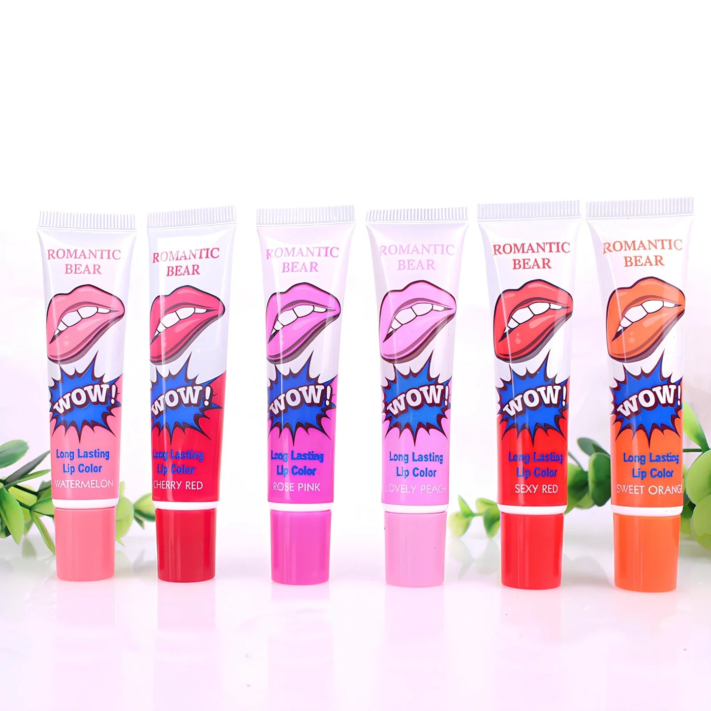 Six colour peel-off liquid lipstick set with applicator and waterproof mineral formula