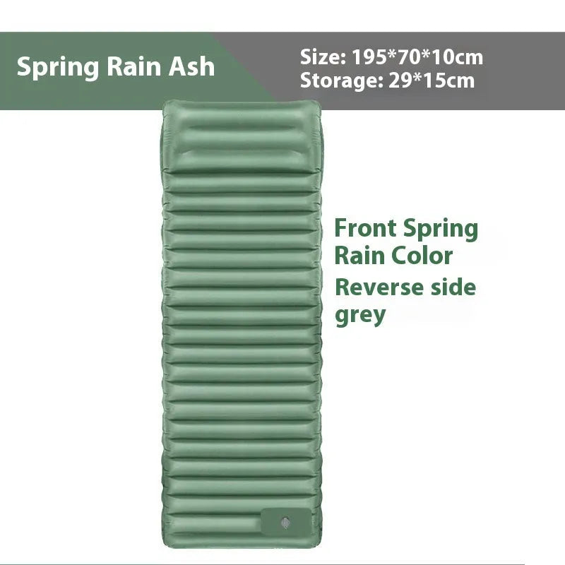 A portable inflatable camping mattress in desert grey colour, shown inflated to its 195x70cm size.
