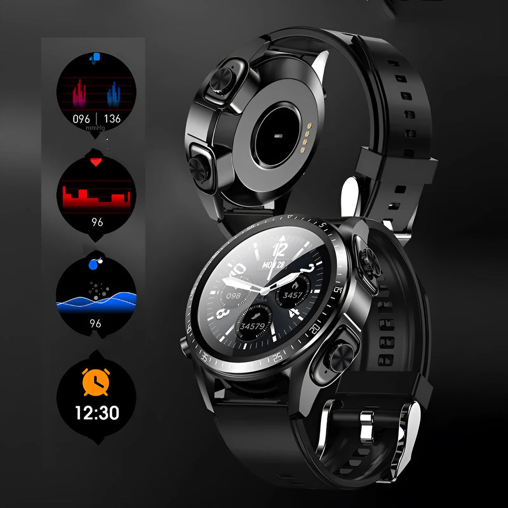 Black smartwatch with silicone strap showing blood pressure and SpO2 readings on its screen.