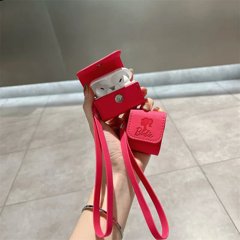 Rose red TPU earphone case with leather lanyard for AirPods, embossed cartoon pattern