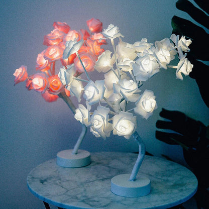 Rose Flower LED Table Lamp in white and red with USB and battery operation
