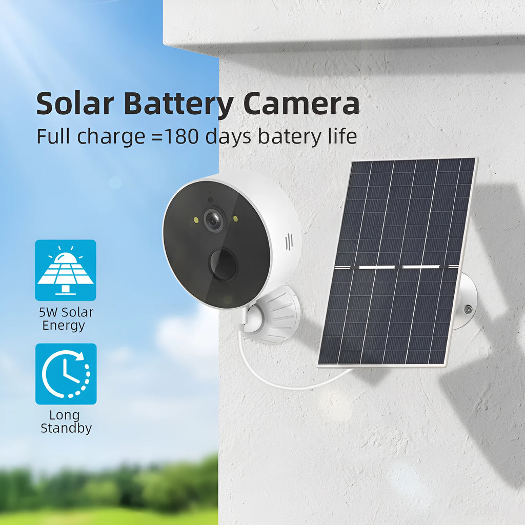 Outdoor security camera with attached solar panel on a wall mount