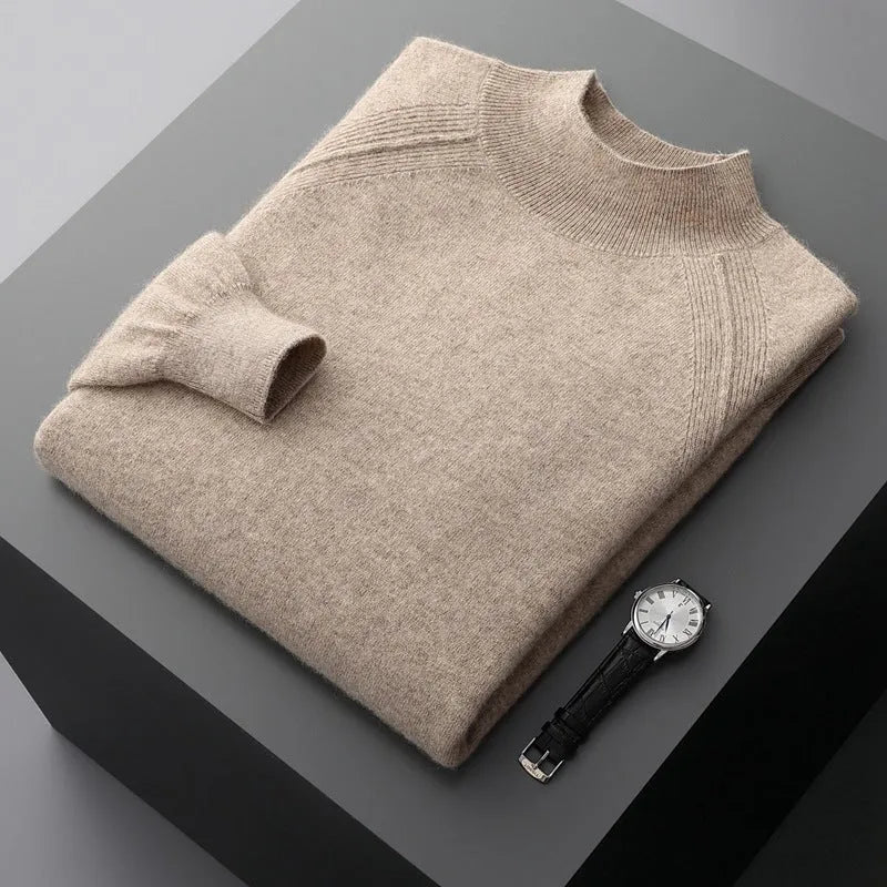 Men's half turtleneck cashmere knitted raglan sleeve sweater in dark camel colour, loose fit pullover style
