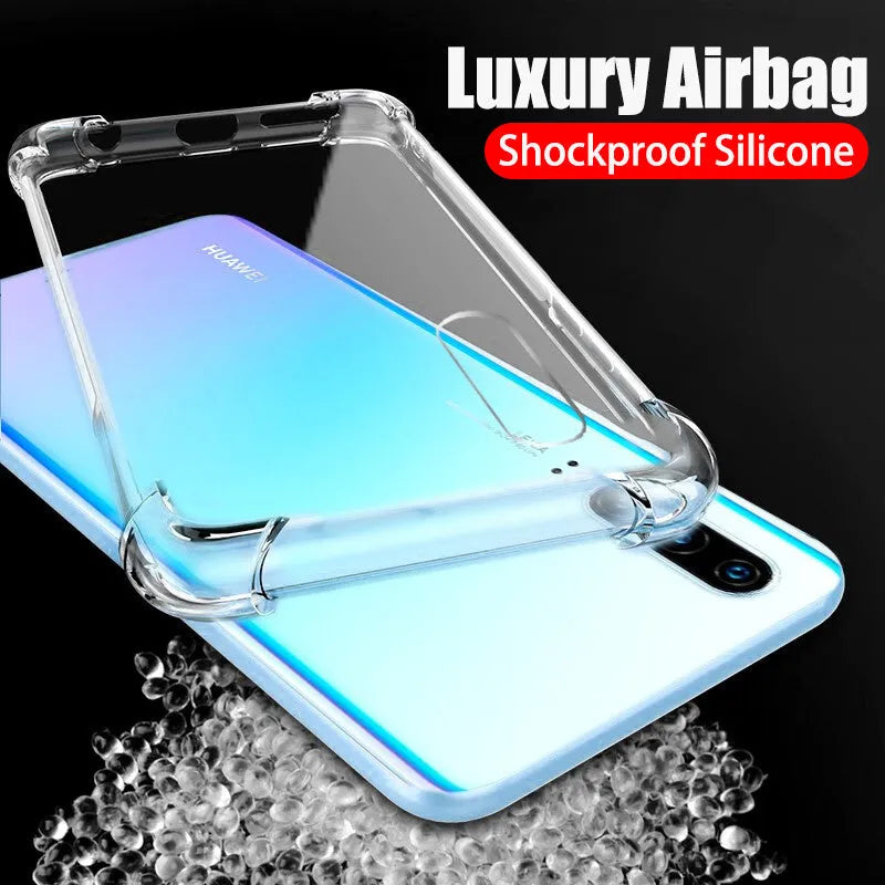 Transparent TPU phone case for Huawei and Honor smartphones showing airbag anti-fall design.