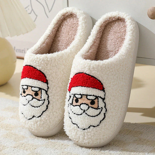 Cozy Christmas home slippers with festive designs, including Santa Claus, Moose, and Gingerbread Man patterns