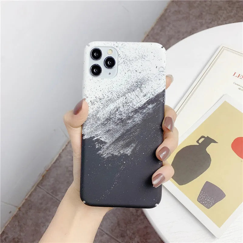 Marbled geometric pattern on a black PC phone case for iPhone.