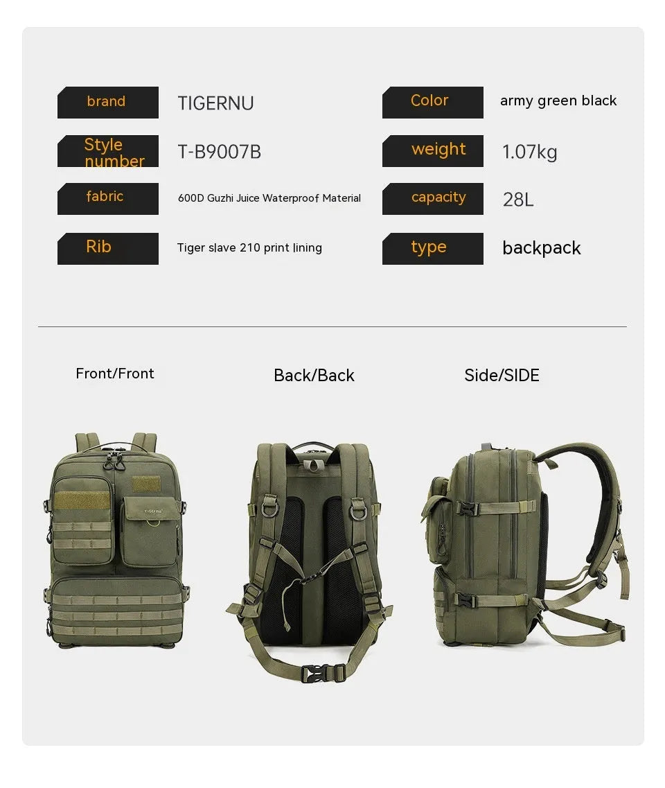 Army green tactical backpack with waterproof nylon construction showing front compartments