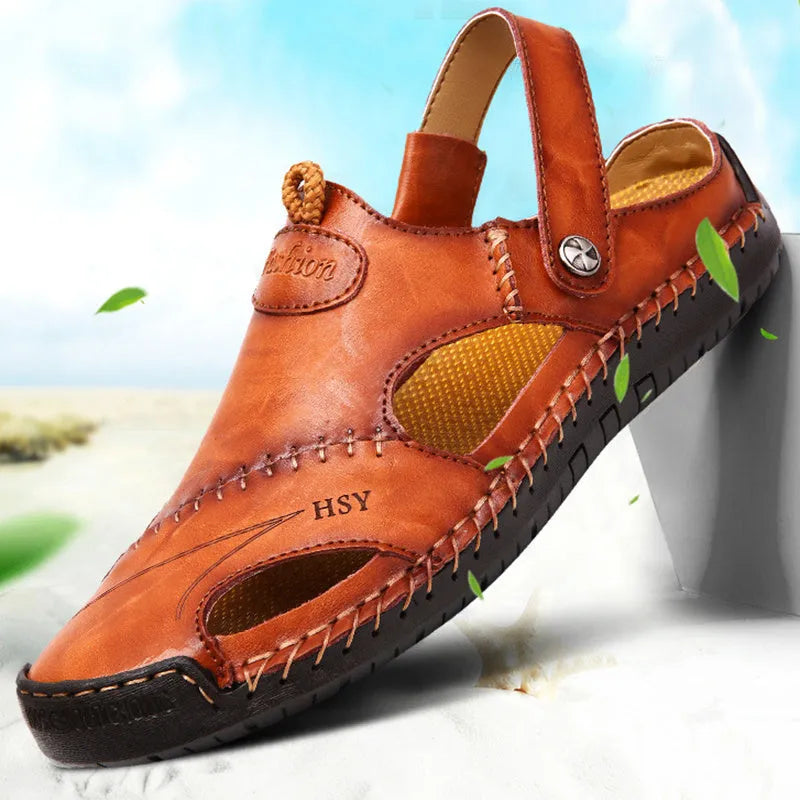 Men's closed toe sandals in black with rubber sole and adjustable slide strap