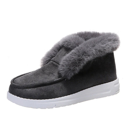 Women's snow boots with plush fur ankle support in black, grey, and brown