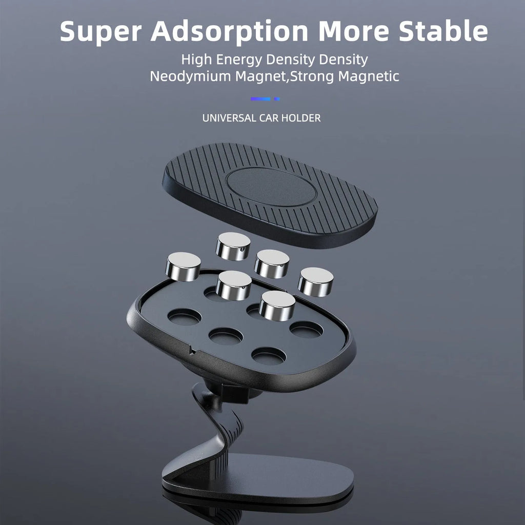 Magnetic car navigation phone holder with zinc alloy body and silicone pad, showing a smartphone attached