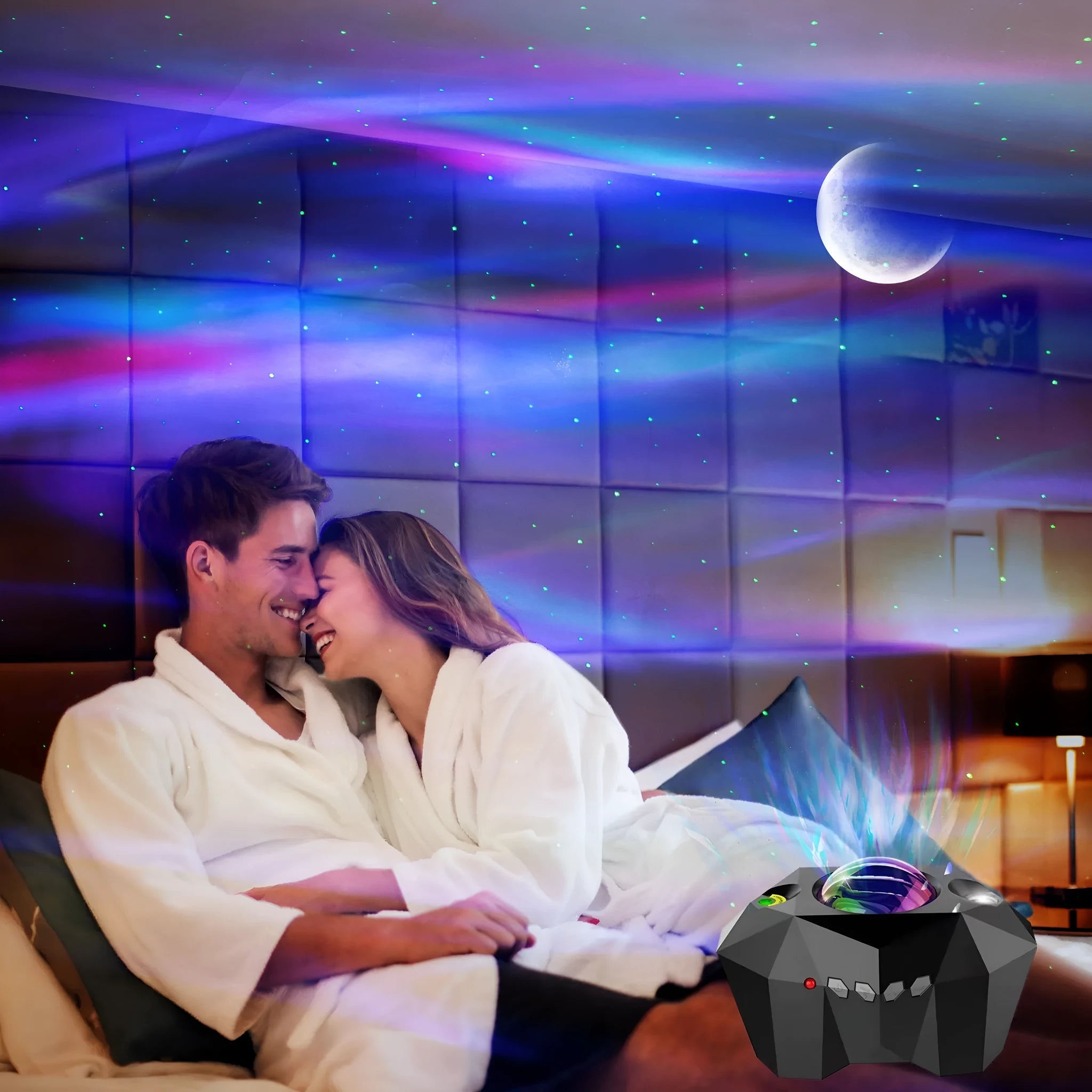 USB Bluetooth ocean star projector lamp with 4-colour water pattern and green laser in black finish