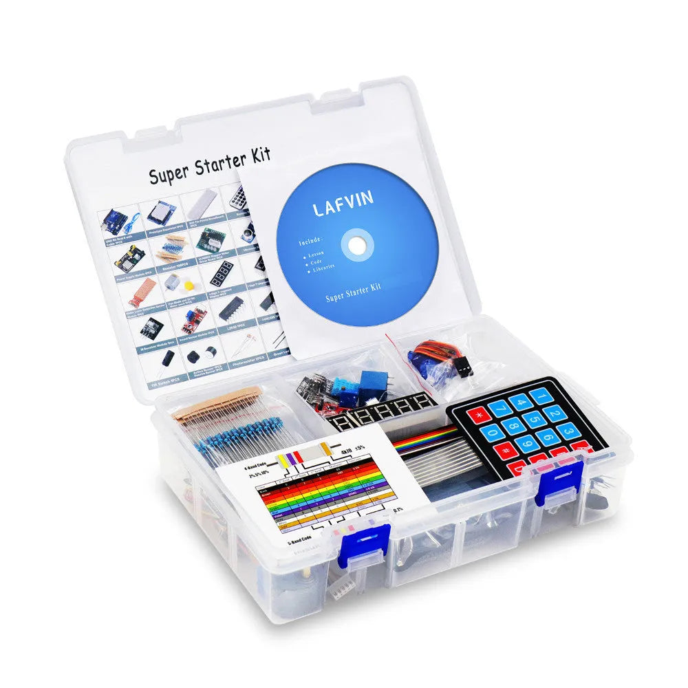 LAFVIN Arduino Super Starter Kit showing blue UNO R3 board, breadboard, sensors, motors, LEDs, and components laid out.
