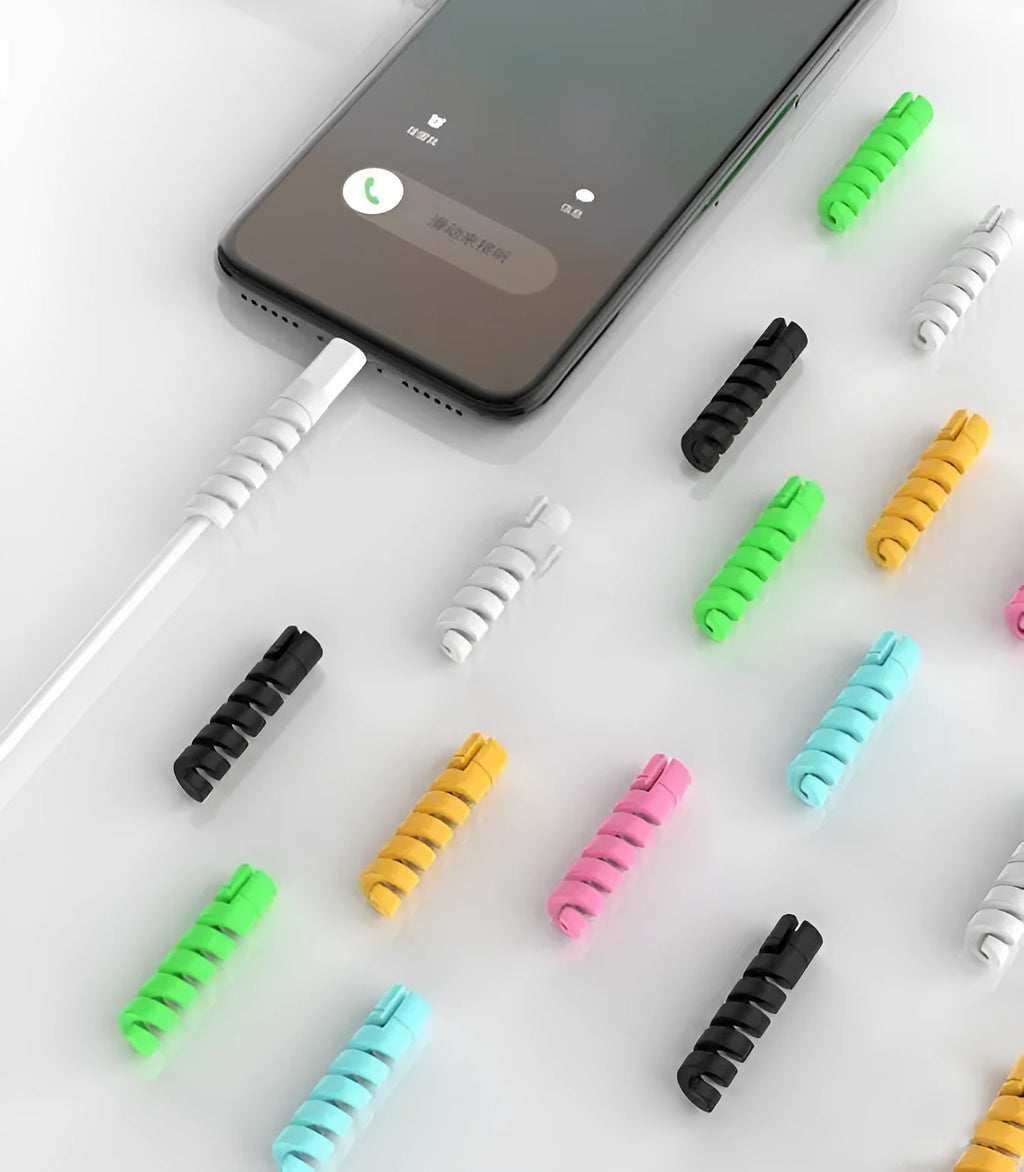 Close-up of a black rigid plastic charging cable protector next to a smartphone charging cable.
