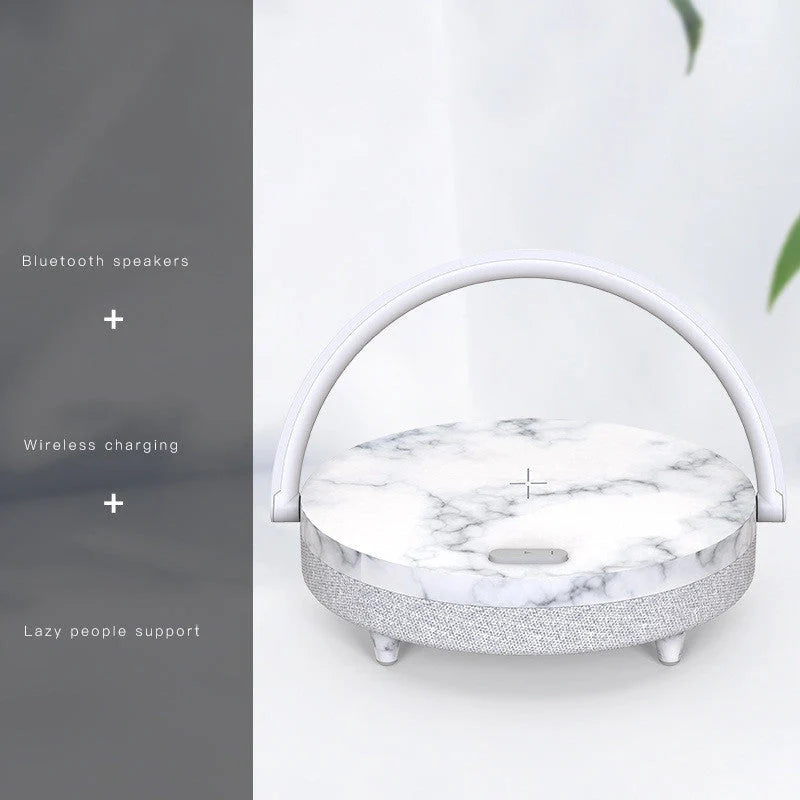 Wireless Charging LED Night Light with Bluetooth Speaker in marble and wood grain finishes