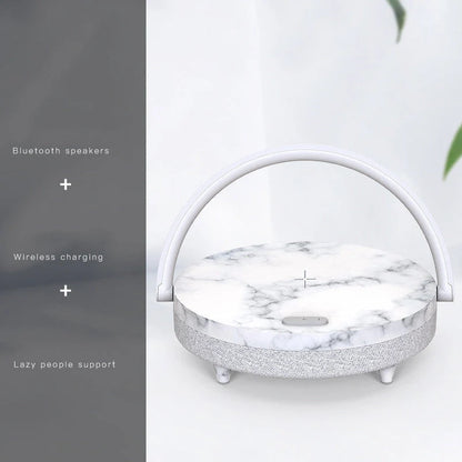 Wireless Charging LED Night Light with Bluetooth Speaker in marble and wood grain finishes