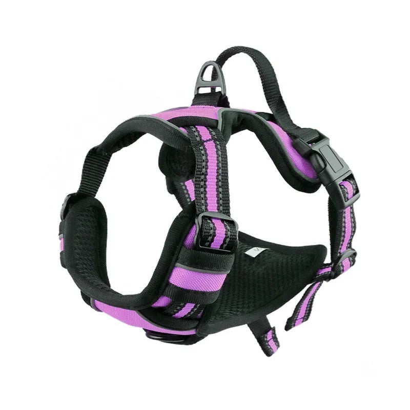 Adjustable outdoor dog chest strap harness made of Oxford cloth in various colours with a D-ring.