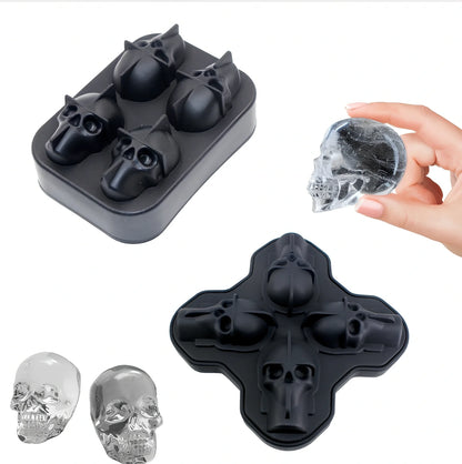 Black silicone ice cube tray with four skull-shaped cavities measuring 12cm long