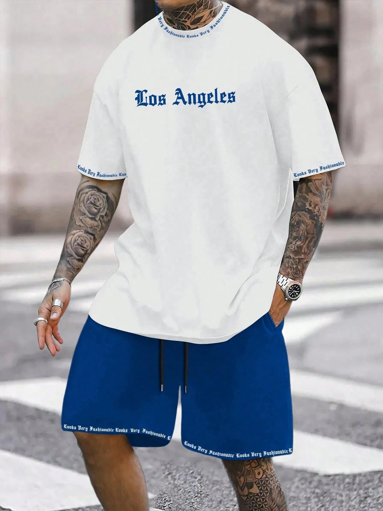 Men's sports style short-sleeved suit set with matching shorts in polyester blend fabric