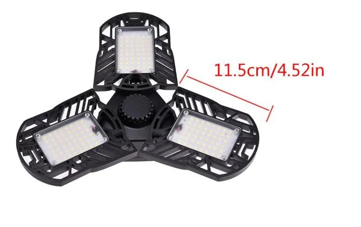 60W deformable LED garage light with three adjustable aluminium alloy heads on a white background