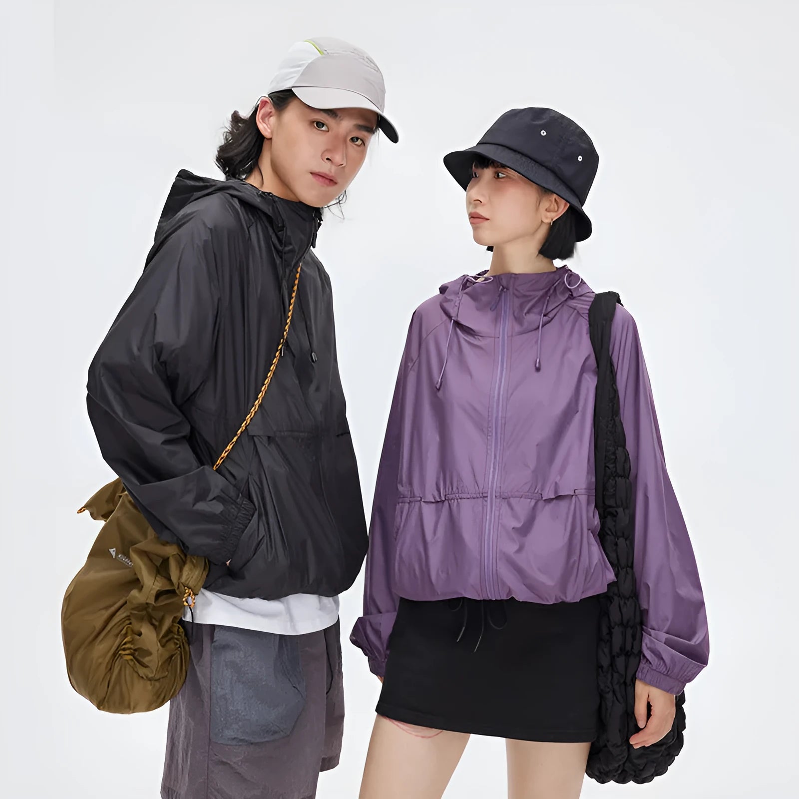 Men's thin hooded sports coat in chemical fibre blend fabric with top stitching slit pockets